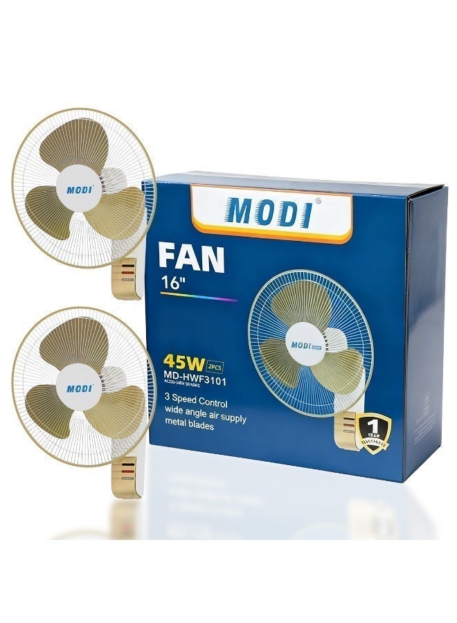 MODI 2 Piece 16 Inch Wall Fan 45W, 3 Speed Oscillating Wall Mounted Fan, 3 Blade Low Noise Air Circulation Cooling Fan for Home Office Living Room Shop, White - Image 3