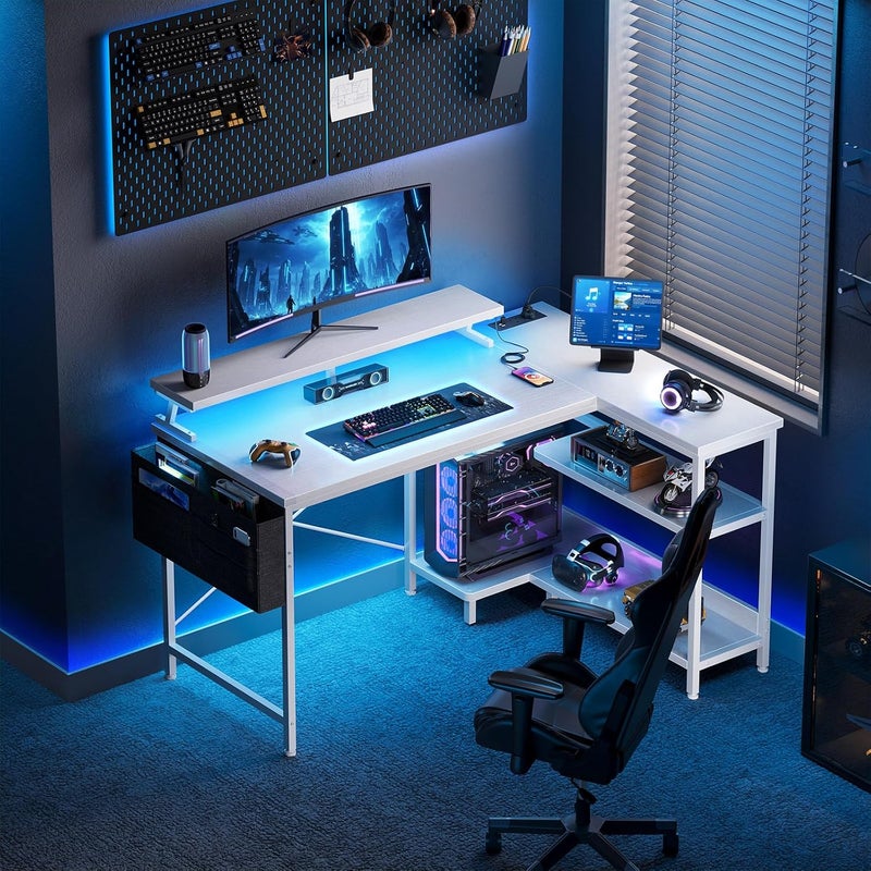 Coleshome L Shaped Gaming Desk with LED Lights, 100 × 70 cm Computer Desk with Power Outlet, Reversible Corner Gaming Table with Storage Shelves & Monitor Stand, White - Image 2
