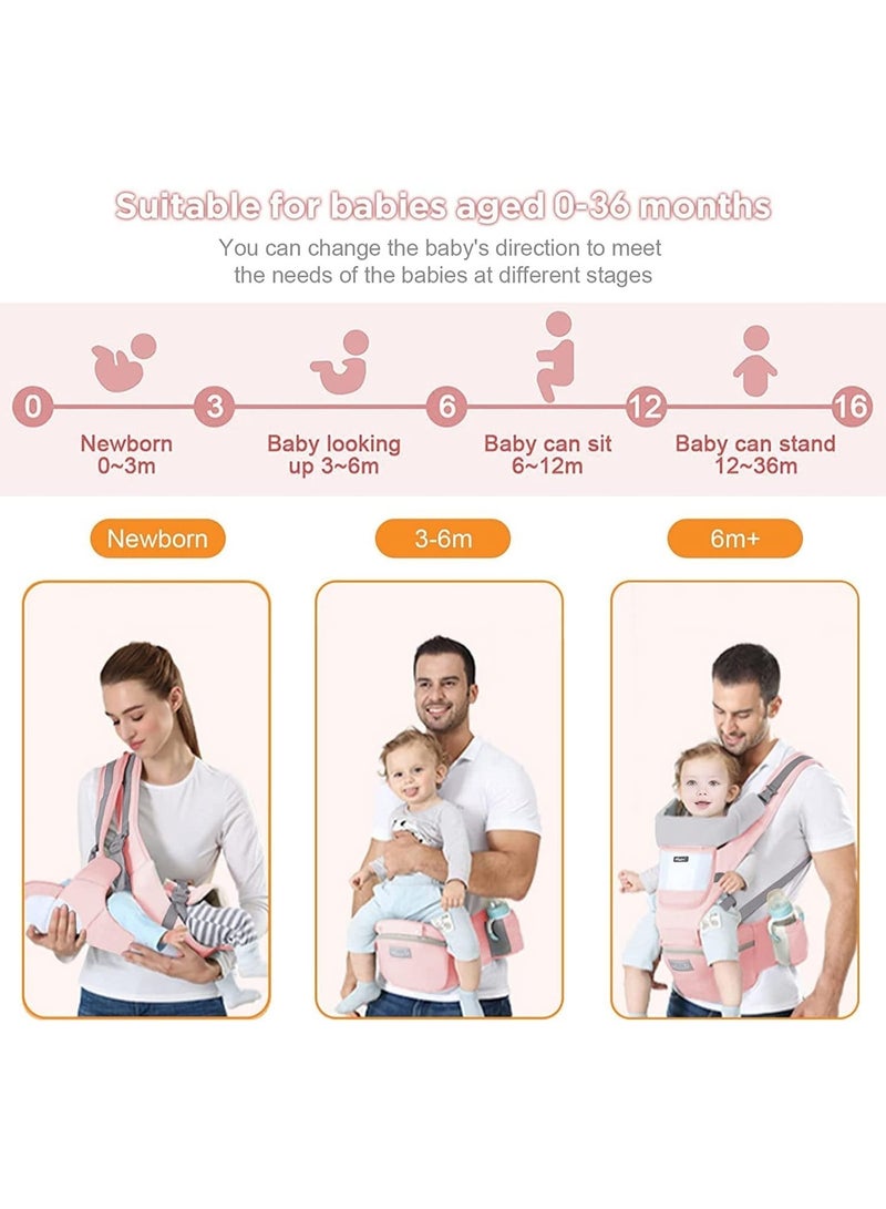 MostNow Baby Carrier with Hip Seat,Ergonomic M Position 6in1 Baby Carrier Newborn to Toddler,Head Support and Breathable Mesh Newborn Carrier,Adjustable Baby Holder Carrier for Dad&Mom (Pink) - Image 5