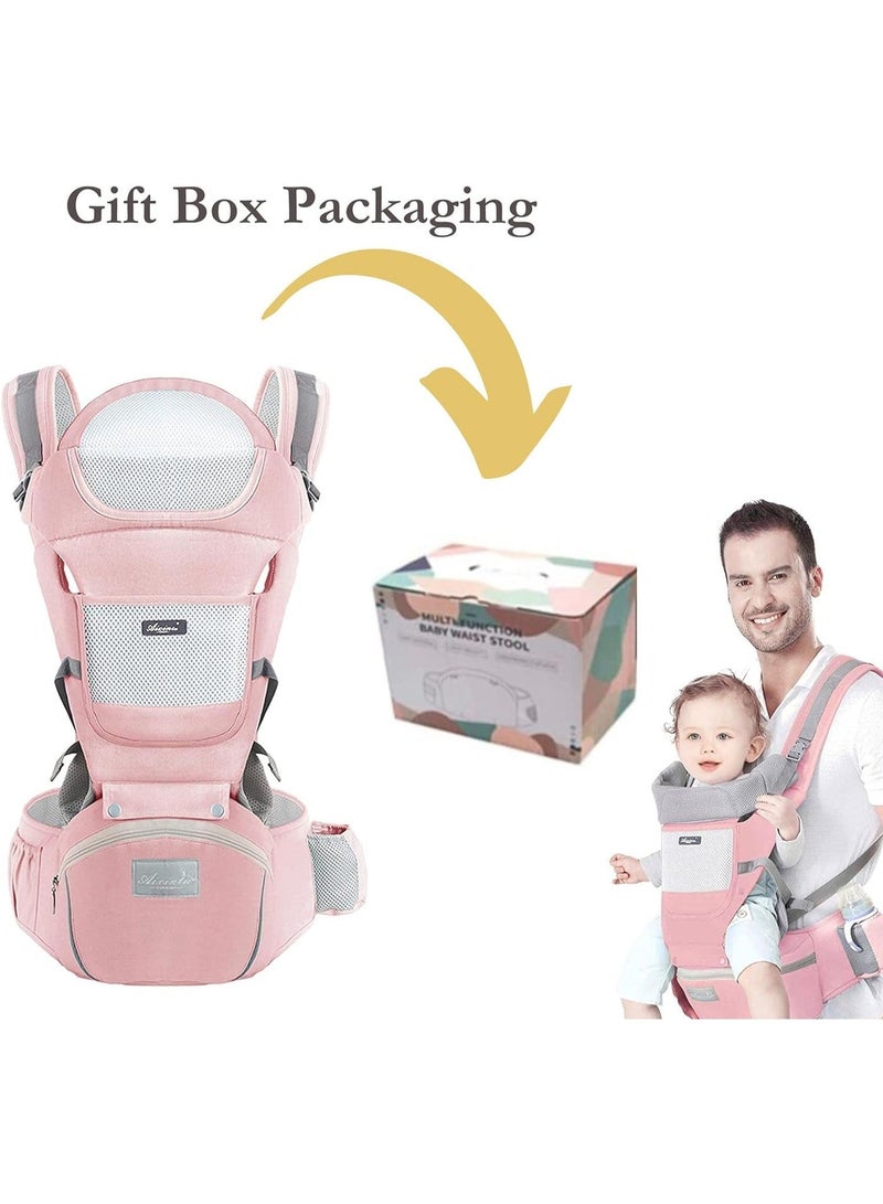 MostNow Baby Carrier with Hip Seat,Ergonomic M Position 6in1 Baby Carrier Newborn to Toddler,Head Support and Breathable Mesh Newborn Carrier,Adjustable Baby Holder Carrier for Dad&Mom (Pink) - Image 3
