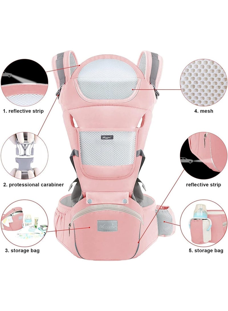 MostNow Baby Carrier with Hip Seat,Ergonomic M Position 6in1 Baby Carrier Newborn to Toddler,Head Support and Breathable Mesh Newborn Carrier,Adjustable Baby Holder Carrier for Dad&Mom (Pink) - Image 2