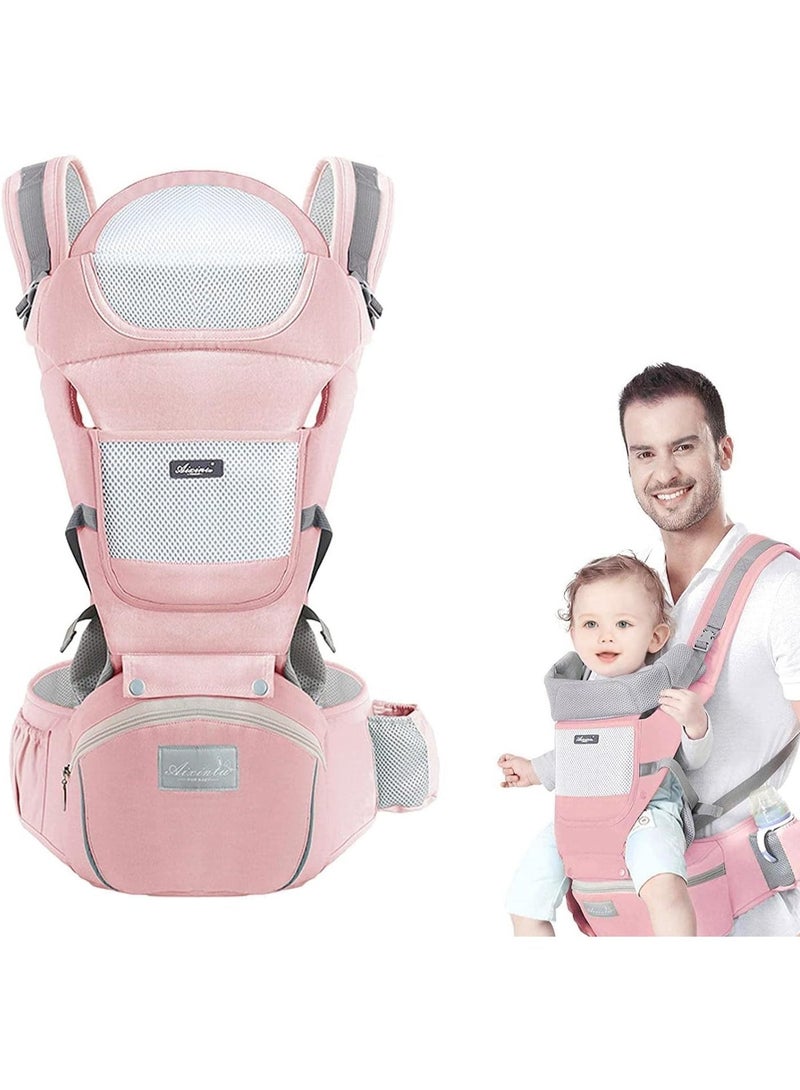 MostNow Baby Carrier with Hip Seat,Ergonomic M Position 6in1 Baby Carrier Newborn to Toddler,Head Support and Breathable Mesh Newborn Carrier,Adjustable Baby Holder Carrier for Dad&Mom (Pink) - Image 1