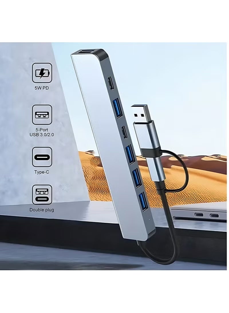 موزع USB-C، مقسم USB، موسع USB 7 في 1، محول USB متعدد المنافذ مع 5 منافذ USB ومنفذ شحن USB-C بقوة 60 واط بتقنية PD لأجهزة MacBook Pro/iPad Pro/Surface Pro/HP Laptop/Galaxy Phones - Image 4