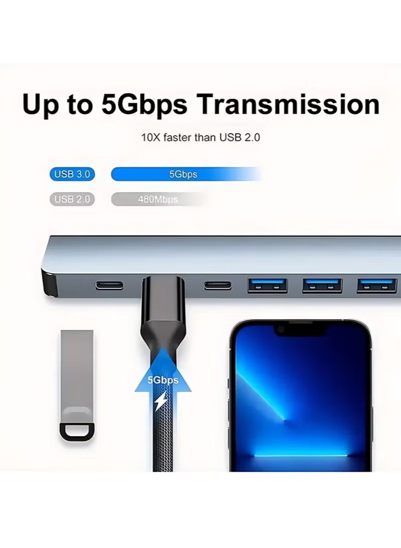موزع USB-C، مقسم USB، موسع USB 7 في 1، محول USB متعدد المنافذ مع 5 منافذ USB ومنفذ شحن USB-C بقوة 60 واط بتقنية PD لأجهزة MacBook Pro/iPad Pro/Surface Pro/HP Laptop/Galaxy Phones - Image 2
