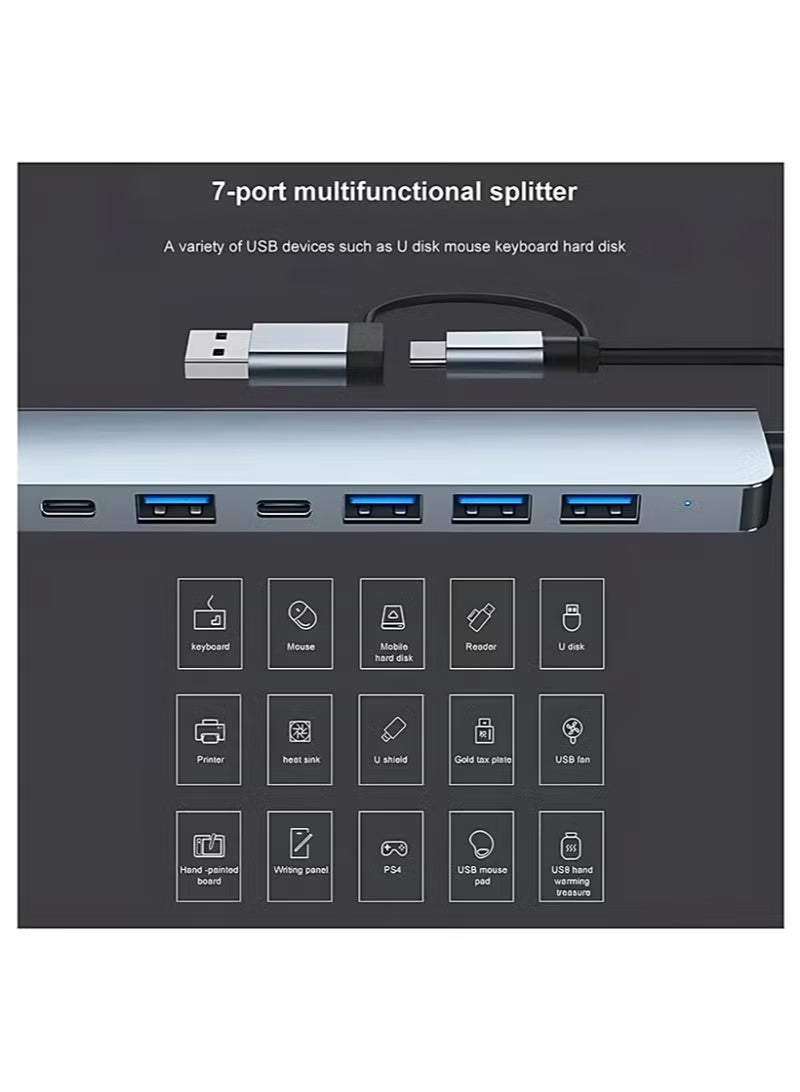 موزع USB-C، مقسم USB، موسع USB 7 في 1، محول USB متعدد المنافذ مع 5 منافذ USB ومنفذ شحن USB-C بقوة 60 واط بتقنية PD لأجهزة MacBook Pro/iPad Pro/Surface Pro/HP Laptop/Galaxy Phones - Image 5