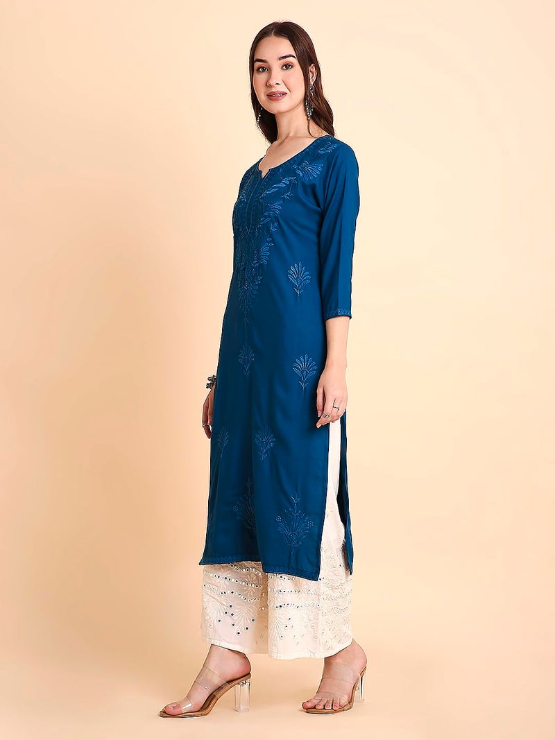RATAN Women Rayon Straight Fit Lucknowi Chikankari Ethnic Wear Kurta (MEHR-1792-L_Navy Blue) - Image 4