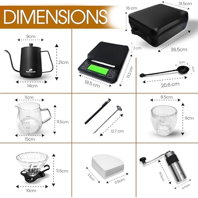 أساسيات 360 مجموعة ماكينة تحضير القهوة V60 المحمولة مع غلاية V60 ومقياس رقمي وكوب مزدوج الجدار وقاعدة زجاجية ومطحنة يدوية ومغرفة زجاجية و100 فلتر ورقي ومغرفة قهوة - Image 4