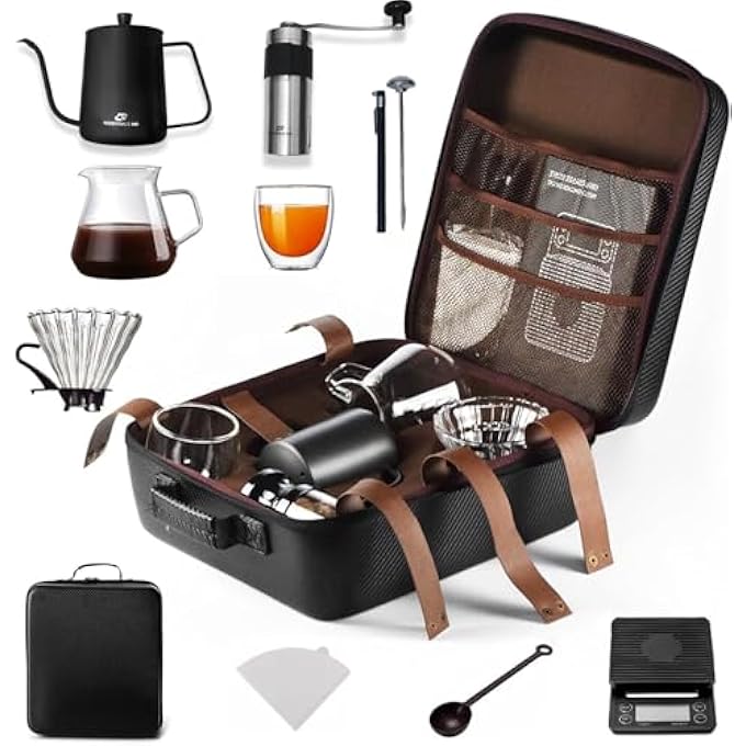 أساسيات 360 مجموعة ماكينة تحضير القهوة V60 المحمولة مع غلاية V60 ومقياس رقمي وكوب مزدوج الجدار وقاعدة زجاجية ومطحنة يدوية ومغرفة زجاجية و100 فلتر ورقي ومغرفة قهوة - Image 1