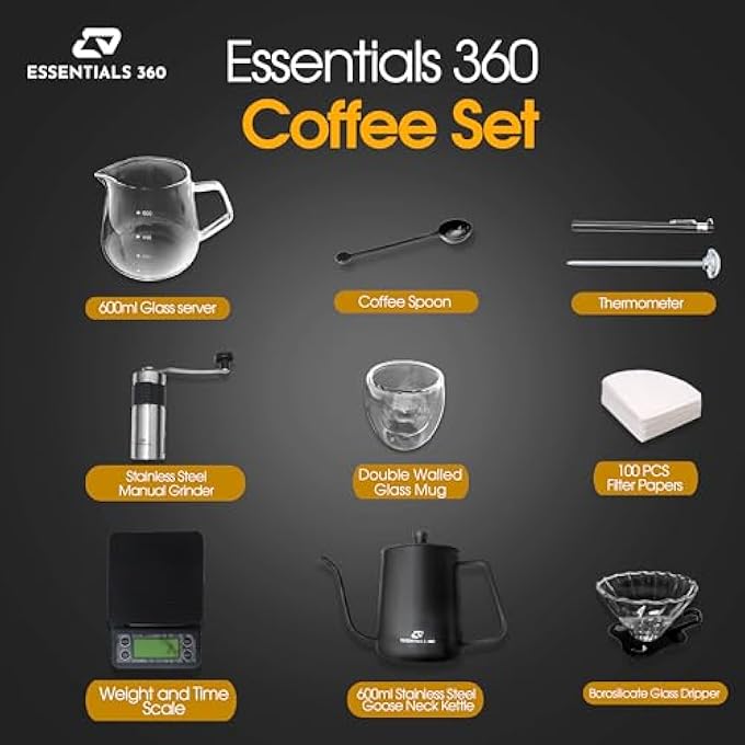 أساسيات 360 مجموعة ماكينة تحضير القهوة V60 المحمولة مع غلاية V60 ومقياس رقمي وكوب مزدوج الجدار وقاعدة زجاجية ومطحنة يدوية ومغرفة زجاجية و100 فلتر ورقي ومغرفة قهوة - Image 3