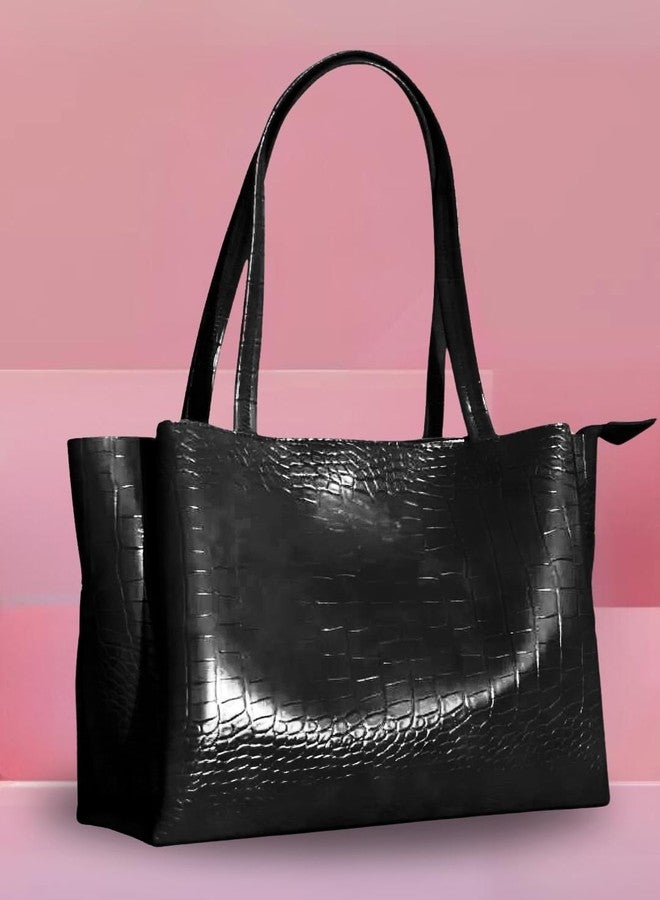 LIKE STYLE Women's PU Shoulder Bag with Croco Texture | Secure Zip Closure & 3 Spacious Compartments (Black) - Image 4