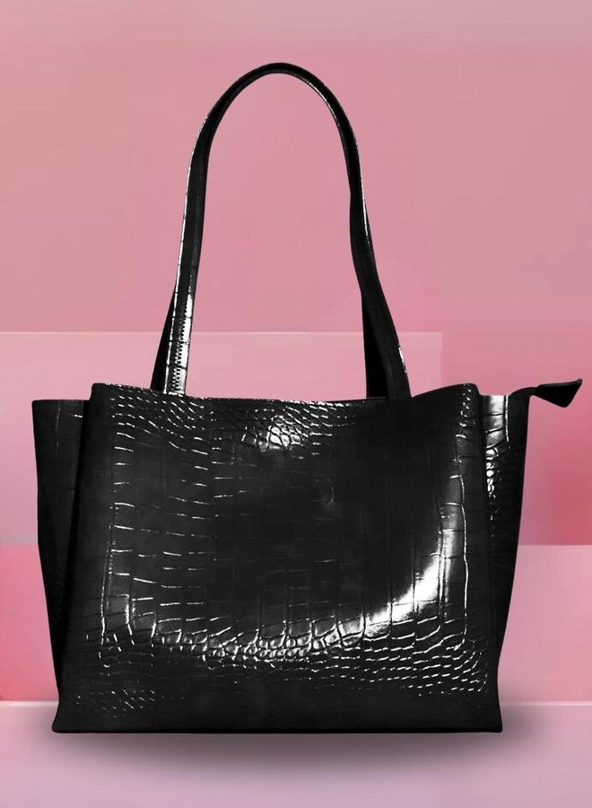 LIKE STYLE Women's PU Shoulder Bag with Croco Texture | Secure Zip Closure & 3 Spacious Compartments (Black) - Image 3