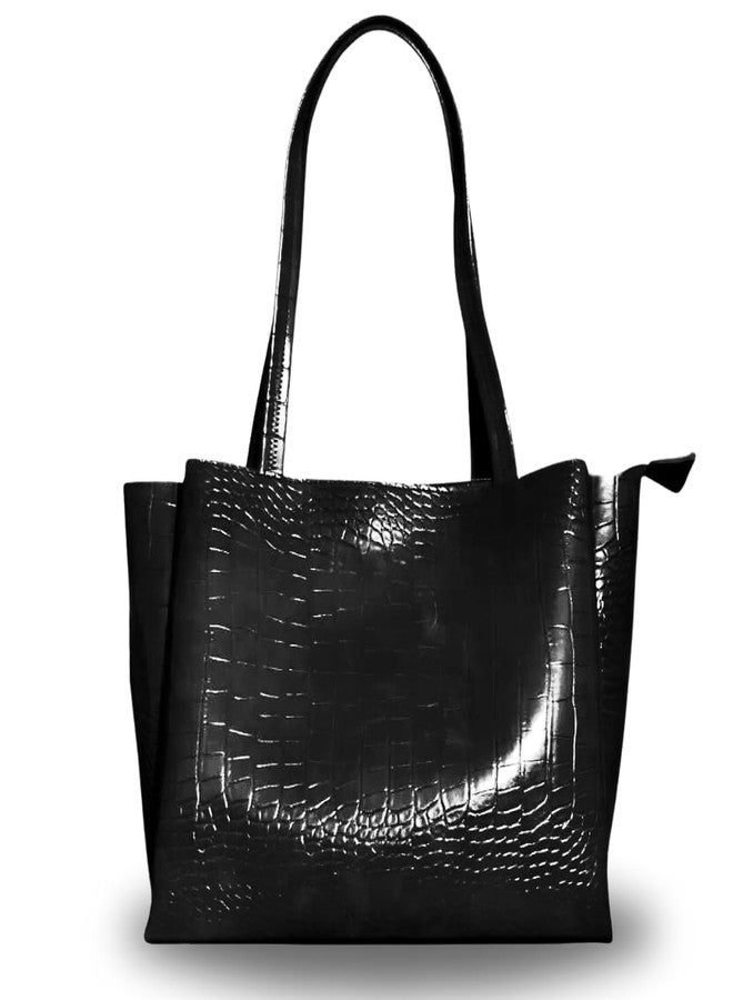 LIKE STYLE Women's PU Shoulder Bag with Croco Texture | Secure Zip Closure & 3 Spacious Compartments (Black) - Image 1