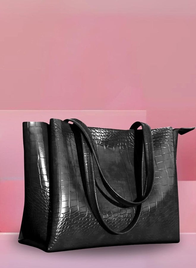 LIKE STYLE Women's PU Shoulder Bag with Croco Texture | Secure Zip Closure & 3 Spacious Compartments (Black) - Image 5
