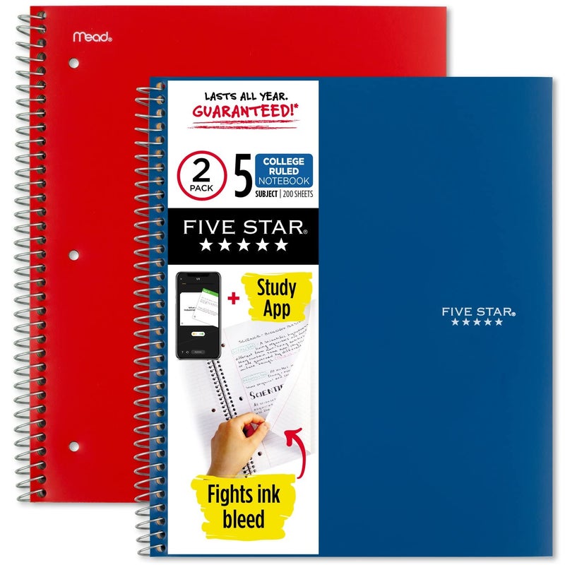 Five Star Spiral Notebooks + Study App, 2 Pack, 5 Subject, College Ruled Paper, 200 Sheets, 8-1/2" x 11", Pacific Blue & Fire Red (38459) - Image 1