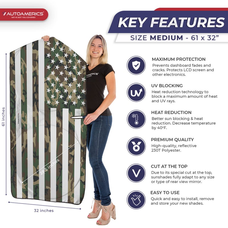 Autoamerics 1-Piece Windshield Sun Shade ERDL Camo American Flag USA Design - Foldable Car Front Window Sunshade for Most Sedans SUV Truck - Blocks Max UV Rays and Keeps Your Vehicle Cool - Medium - Image 2