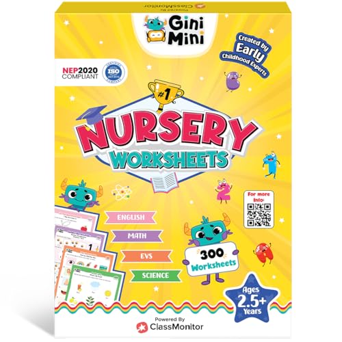 GiniMini 300 Nursery Worksheets English Maths Science EVS with Stickers Index Interactive Fun Preschool Learning Activities for Ages 3 and 4 - Image 1