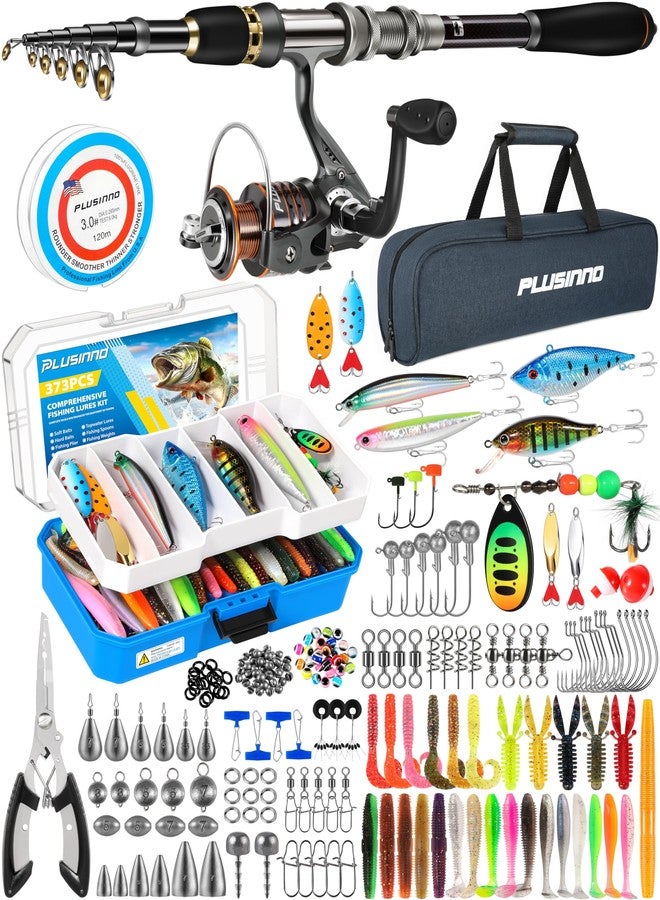 PLUSINNO Telescopic Fishing Rod and Reel Combo with 373PCS Tackle Box, Collapsible Rod and Lures Box, Travel Fish Pole Starter Kit, Fishing Accessories Gear Tackle Lure Kit Gifts for Men Bass Trout - Image 1