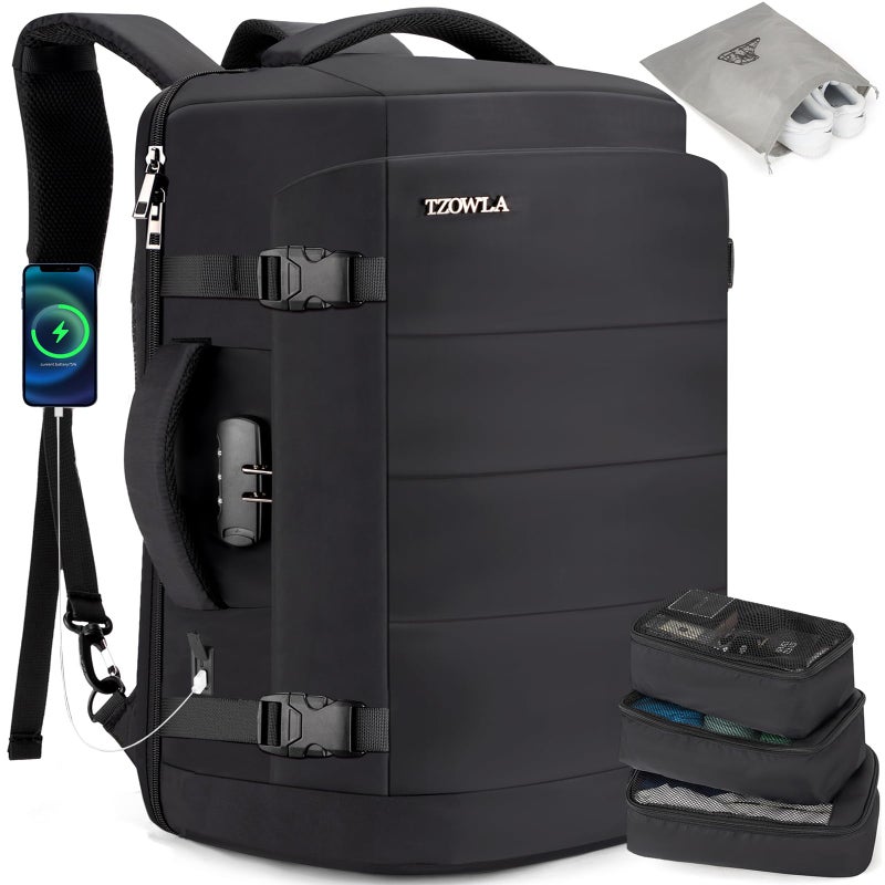 Tzowla 40L Expandable Travel Laptop Backpack for Men Women Carry on Flight Approved,Large Capacity Anti Theft Backpacks with USB/Type C Charging Port,Personal Item Bag Fit 17.3" Computerï¼ˆBlack - Image 1