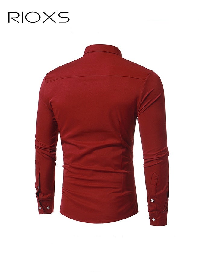 RIOXS Men's Red Pleated Front Dress Shirt, Long Sleeve Formal Shirt with Notch Collar, Unique Frill Detail Design, Button Down Office Wear, Slim Fit Business Casual Shirt for Men, All Season Versatile Dress Shirt, Wedding Guest Formal Shirt, Gala Dinner Appropriate Attire - Image 2
