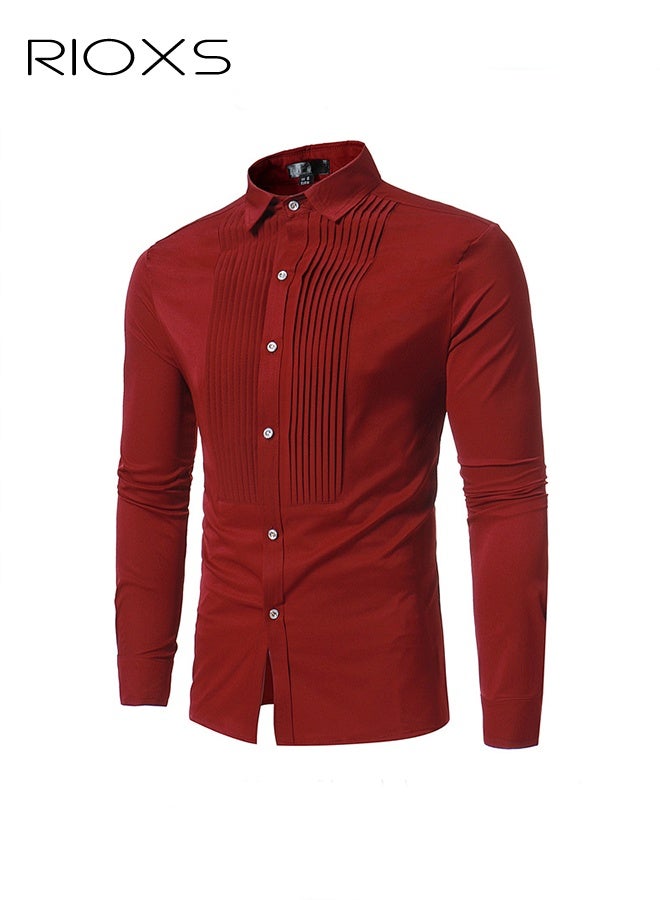 RIOXS Men's Red Pleated Front Dress Shirt, Long Sleeve Formal Shirt with Notch Collar, Unique Frill Detail Design, Button Down Office Wear, Slim Fit Business Casual Shirt for Men, All Season Versatile Dress Shirt, Wedding Guest Formal Shirt, Gala Dinner Appropriate Attire - Image 1