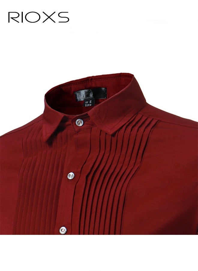 RIOXS Men's Red Pleated Front Dress Shirt, Long Sleeve Formal Shirt with Notch Collar, Unique Frill Detail Design, Button Down Office Wear, Slim Fit Business Casual Shirt for Men, All Season Versatile Dress Shirt, Wedding Guest Formal Shirt, Gala Dinner Appropriate Attire - Image 4
