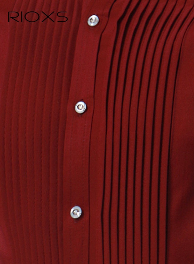 RIOXS Men's Red Pleated Front Dress Shirt, Long Sleeve Formal Shirt with Notch Collar, Unique Frill Detail Design, Button Down Office Wear, Slim Fit Business Casual Shirt for Men, All Season Versatile Dress Shirt, Wedding Guest Formal Shirt, Gala Dinner Appropriate Attire - Image 3
