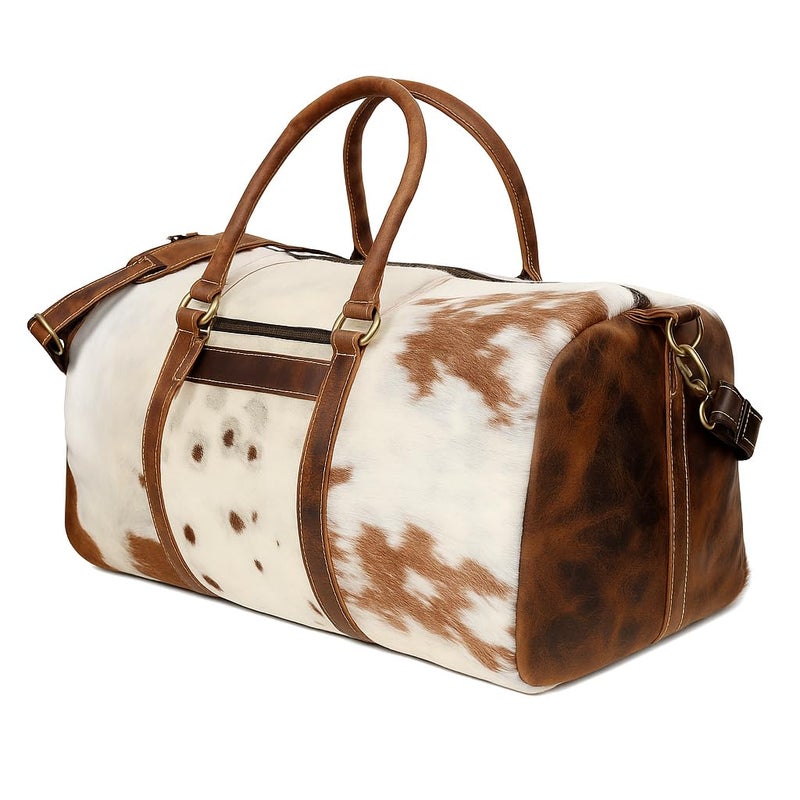CREATIVE LEATHER ART Leather Duffel Bag for Men & Women, Genuine Weekender Travel Bag, Handmade Overnight Gym Bag with Shoulder Strap, Carry-On for Business & Outdoor Travel (Hudson Hair Duffel, Brown & White, 22 Inch) - Image 3