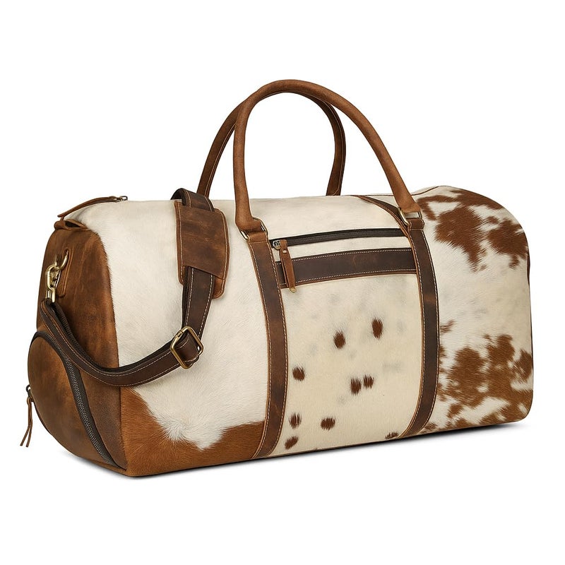 CREATIVE LEATHER ART Leather Duffel Bag for Men & Women, Genuine Weekender Travel Bag, Handmade Overnight Gym Bag with Shoulder Strap, Carry-On for Business & Outdoor Travel (Hudson Hair Duffel, Brown & White, 22 Inch) - Image 1