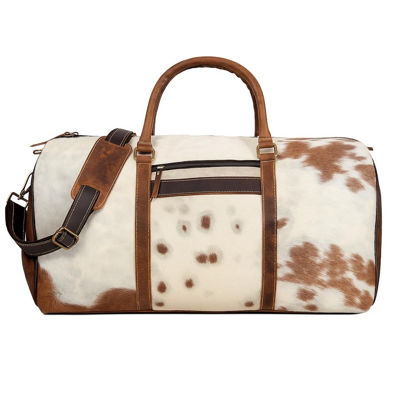 CREATIVE LEATHER ART Leather Duffel Bag for Men & Women, Genuine Weekender Travel Bag, Handmade Overnight Gym Bag with Shoulder Strap, Carry-On for Business & Outdoor Travel (Hudson Hair Duffel, Brown & White, 22 Inch) - Image 2