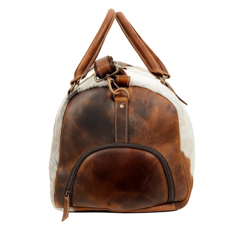 CREATIVE LEATHER ART Leather Duffel Bag for Men & Women, Genuine Weekender Travel Bag, Handmade Overnight Gym Bag with Shoulder Strap, Carry-On for Business & Outdoor Travel (Hudson Hair Duffel, Brown & White, 22 Inch) - Image 5