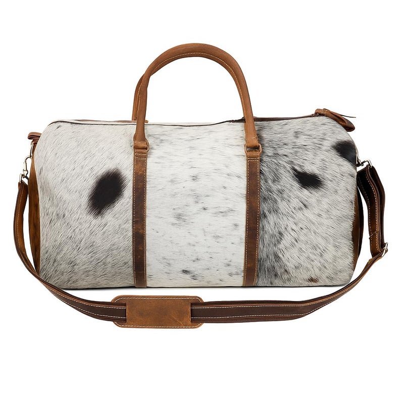 CREATIVE LEATHER ART Leather Duffel Bag for Men & Women, Genuine Weekender Travel Bag, Handmade Overnight Gym Bag with Shoulder Strap, Carry-On for Business & Outdoor Travel (Hudson Hair Duffel, Brown & White, 22 Inch) - Image 4