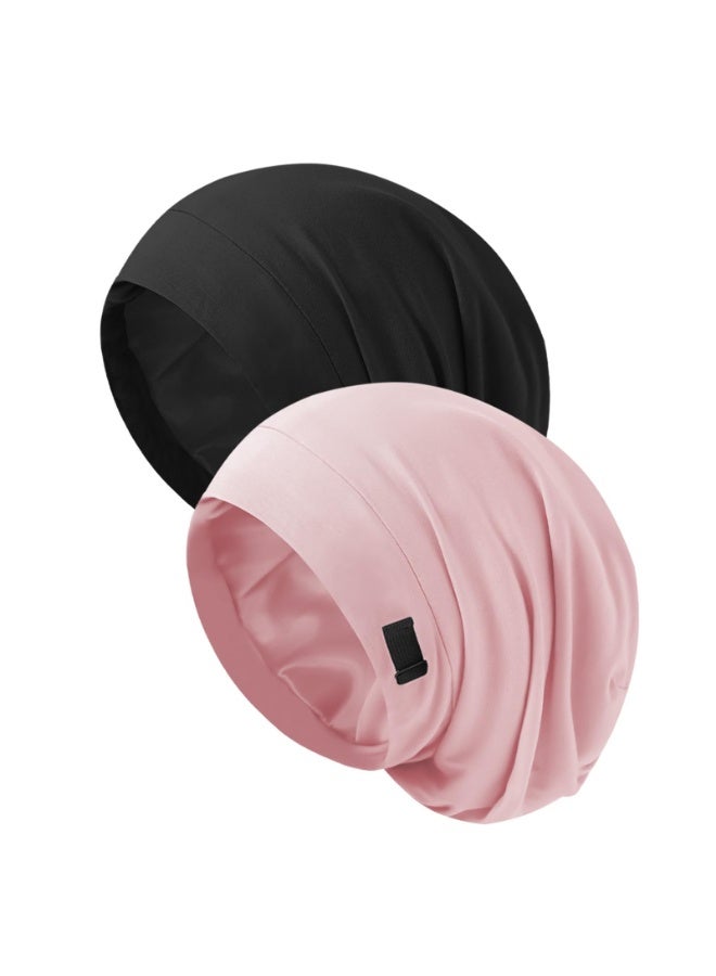 Satin Lined Hair Cap – Silk Bonnet for Women Natural Curly Hair Anti Frizz Hair Wrap Soft Stretchy Slouch Beanie Hat Adjustable 2 Pack - Image 1