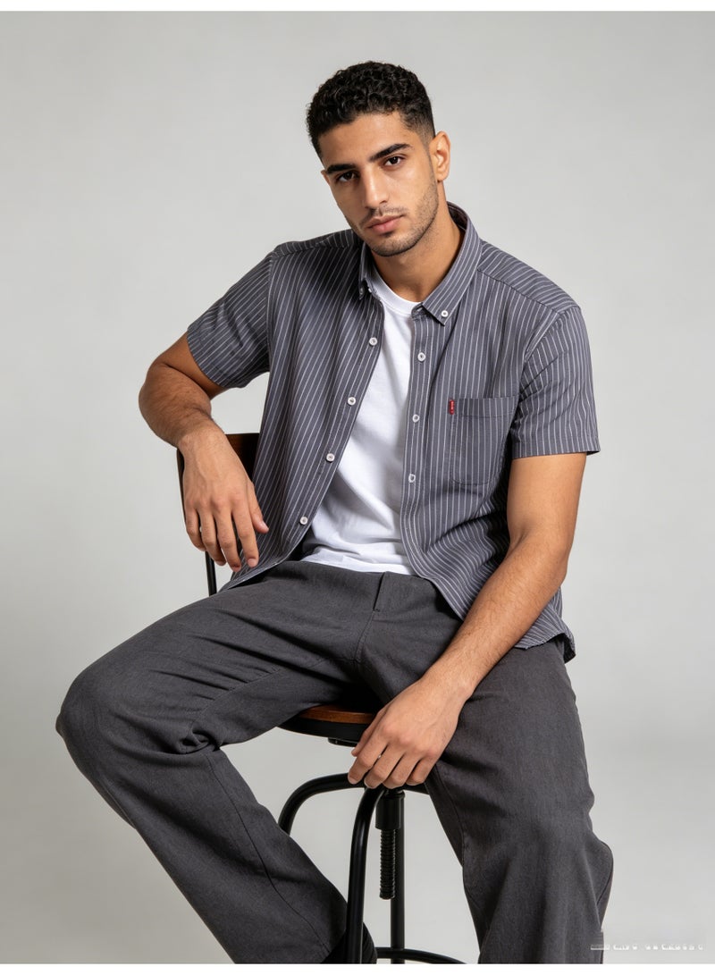 ZARA Men’s Grey Vertical Pinstripe Short Sleeve Button Down Casual Shirt - Image 2