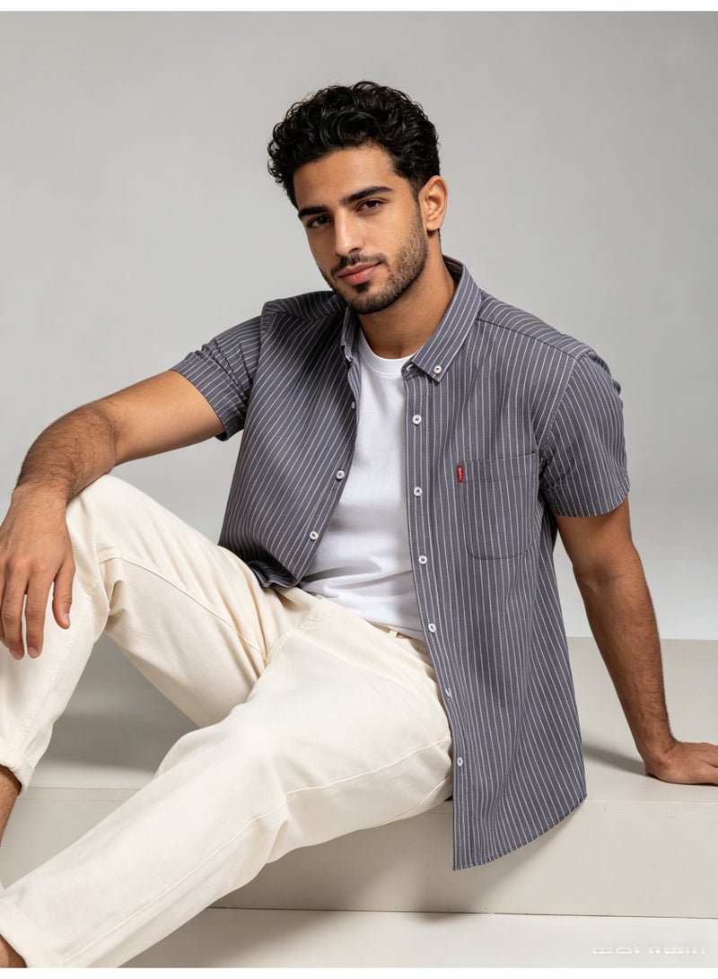 ZARA Men’s Grey Vertical Pinstripe Short Sleeve Button Down Casual Shirt - Image 5