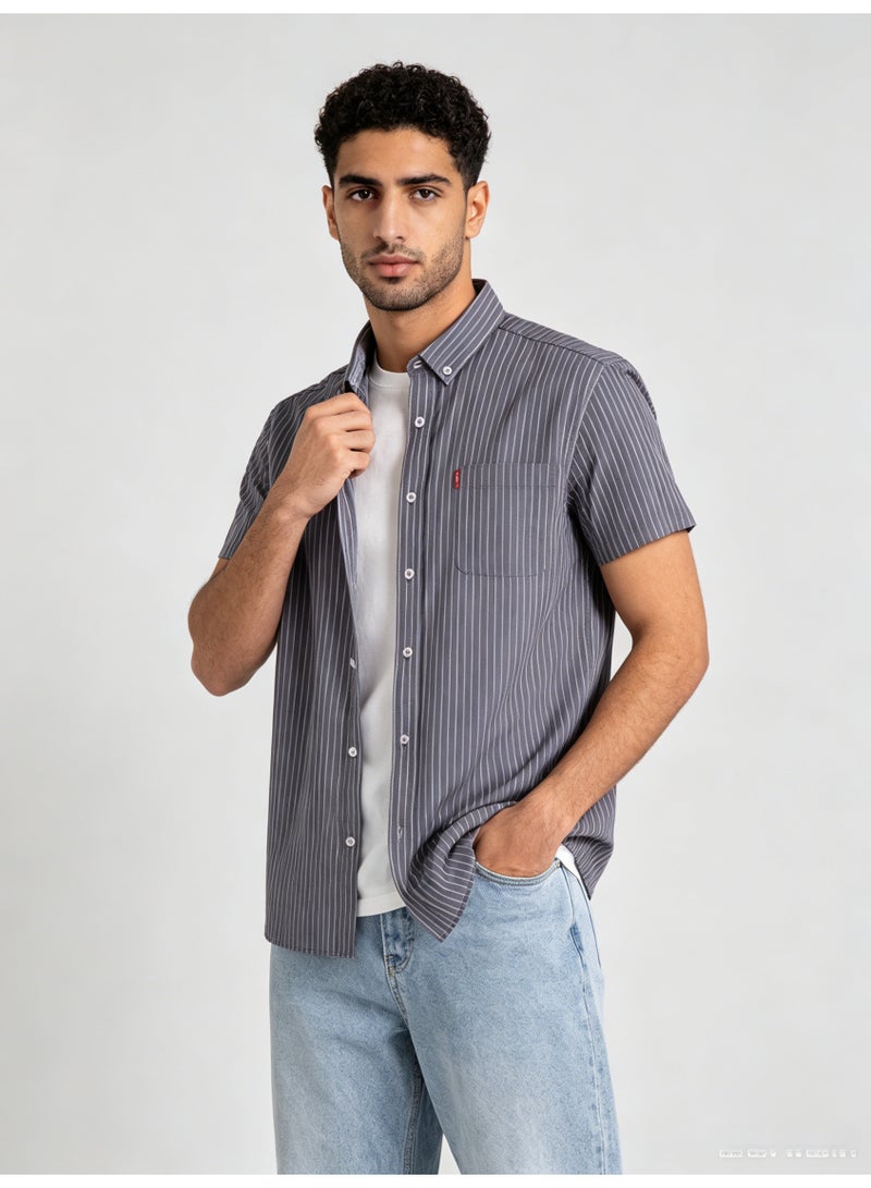 ZARA Men’s Grey Vertical Pinstripe Short Sleeve Button Down Casual Shirt - Image 1