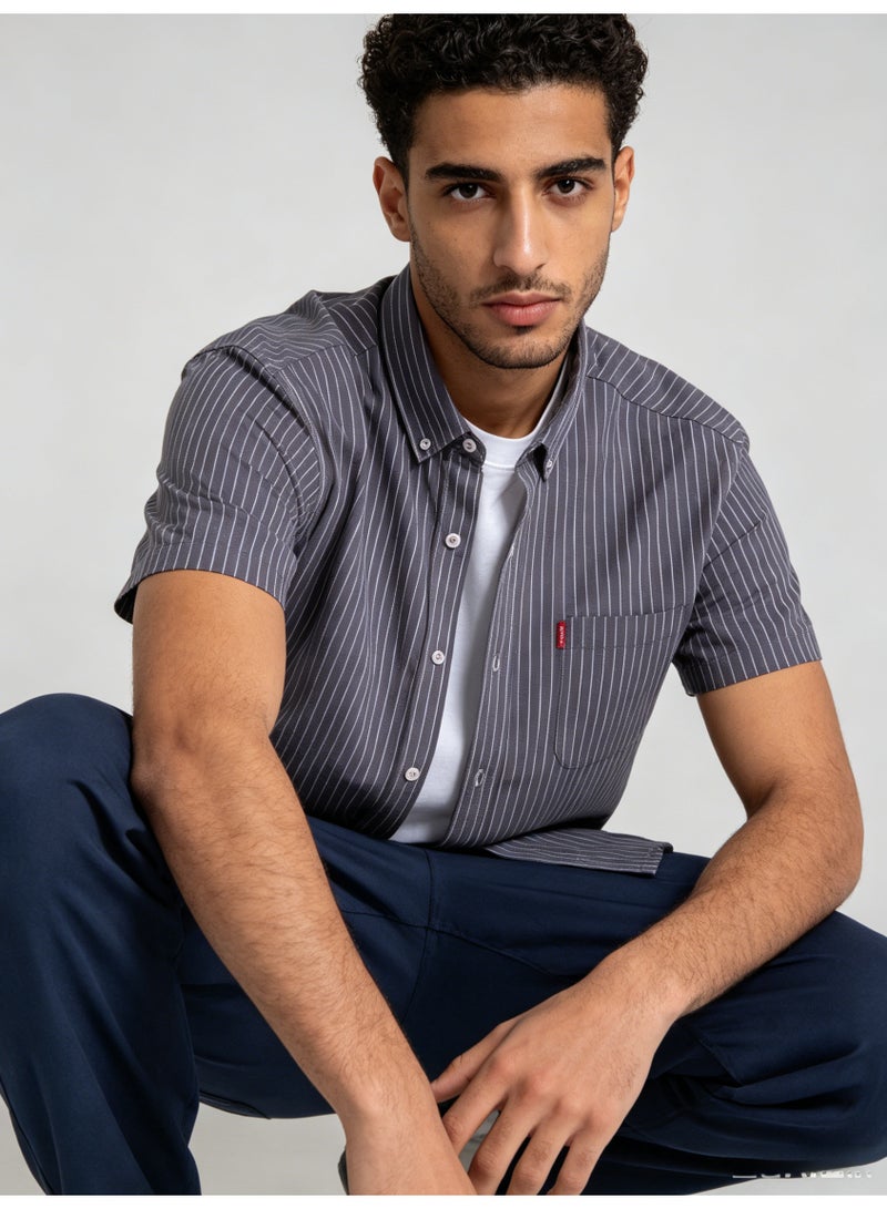 ZARA Men’s Grey Vertical Pinstripe Short Sleeve Button Down Casual Shirt - Image 4