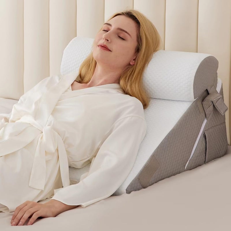 BIEEZZK Wedge Pillow Set for After Surgery, Wedge Pillow for Acid Reflux, Bed Wedge Pillow with Adjustable 9&12inch for Headboard,Sleeping, Orthopedic Memory Foam for Neck&Back Support, White/Grey - Image 1