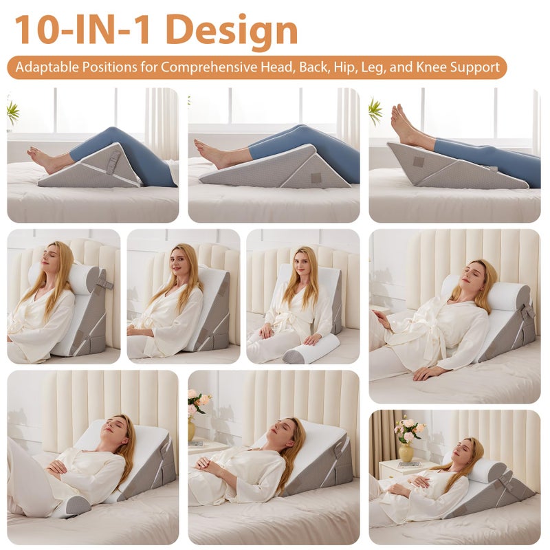 BIEEZZK Wedge Pillow Set for After Surgery, Wedge Pillow for Acid Reflux, Bed Wedge Pillow with Adjustable 9&12inch for Headboard,Sleeping, Orthopedic Memory Foam for Neck&Back Support, White/Grey - Image 2