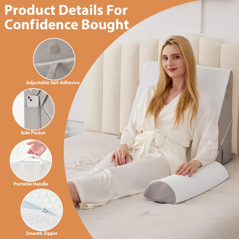 BIEEZZK Wedge Pillow Set for After Surgery, Wedge Pillow for Acid Reflux, Bed Wedge Pillow with Adjustable 9&12inch for Headboard,Sleeping, Orthopedic Memory Foam for Neck&Back Support, White/Grey - Image 4
