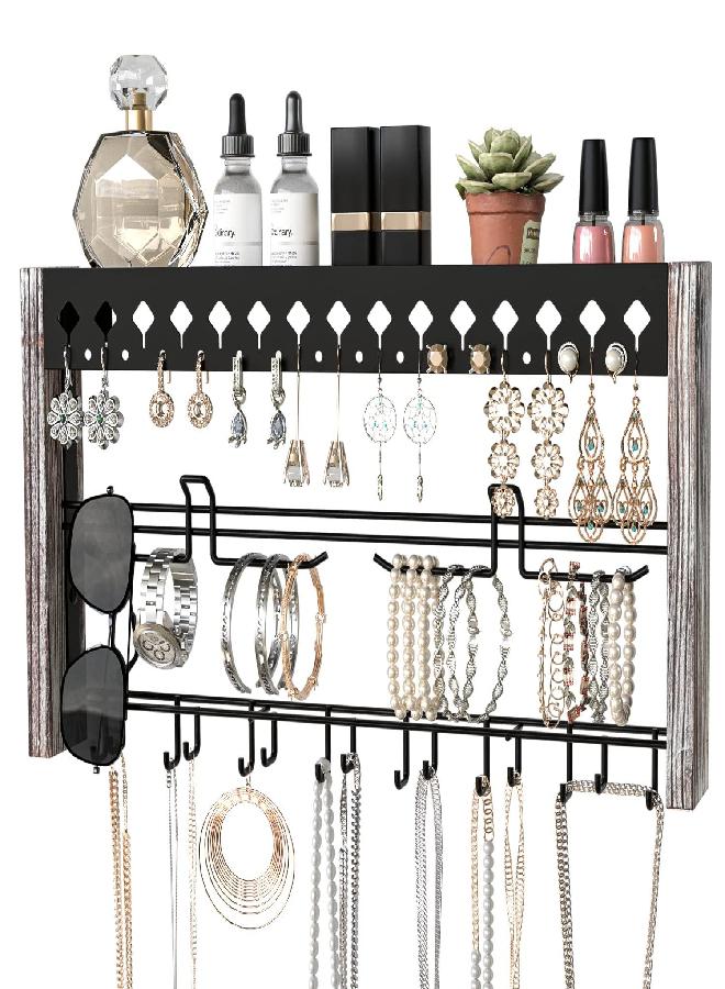 J JACKCUBE DESIGN JackCubeDesign MK460A - Wood Wall Mount Jewelry Organizer with Metal Hooks (Rustic Wood) - Image 1