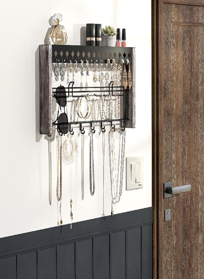 J JACKCUBE DESIGN JackCubeDesign MK460A - Wood Wall Mount Jewelry Organizer with Metal Hooks (Rustic Wood) - Image 2