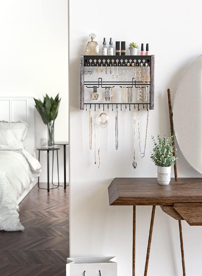 J JACKCUBE DESIGN JackCubeDesign MK460A - Wood Wall Mount Jewelry Organizer with Metal Hooks (Rustic Wood) - Image 3