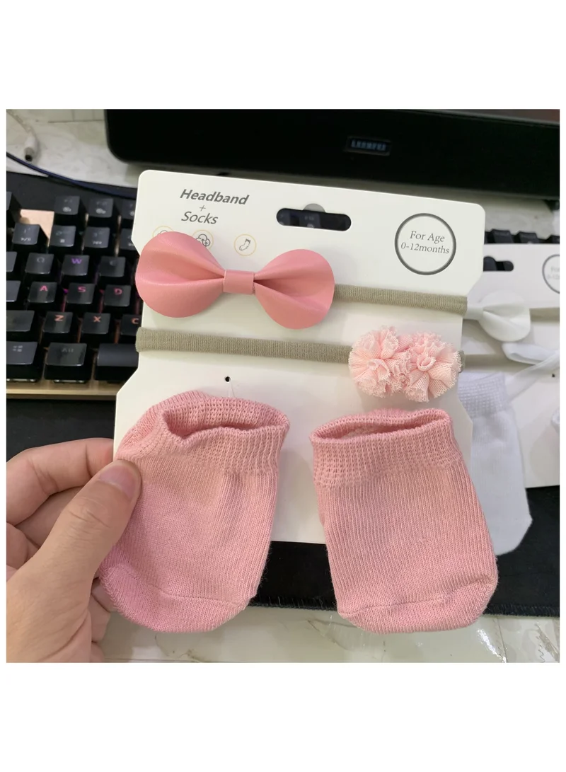 D'Daniela Savannah Ribbon Bow Headband and Socks Set - Light Pink