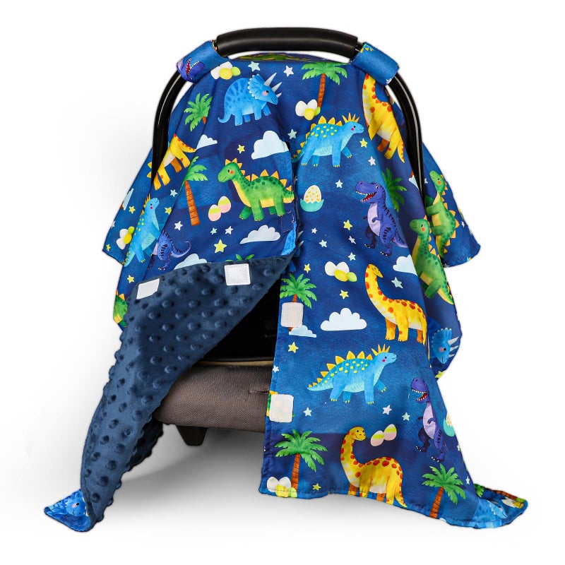 Hooyax Peekaboo Car Seat Cover for Baby Boy - Warm Minky Carseat Canopy with Adjustable Opening, Universal Fit for Infant Car Seats & Strollers, Soft Nursing Cover & Blanket (Dinosaur) - Image 1