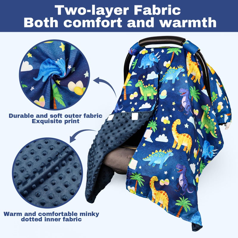 Hooyax Peekaboo Car Seat Cover for Baby Boy - Warm Minky Carseat Canopy with Adjustable Opening, Universal Fit for Infant Car Seats & Strollers, Soft Nursing Cover & Blanket (Dinosaur) - Image 2