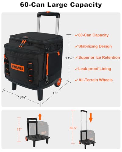 DREAMZA Soft Cooler with Wheels, 60-Can Wheeled Cooler with Handle, Leak Proof Rolling Cooler Insulated Bag with All-Terrain Cart, Collapsible Rolling Ice Chest for Beach Picnic Camping Grocery - Image 5
