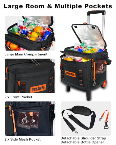 DREAMZA Soft Cooler with Wheels, 60-Can Wheeled Cooler with Handle, Leak Proof Rolling Cooler Insulated Bag with All-Terrain Cart, Collapsible Rolling Ice Chest for Beach Picnic Camping Grocery - Image 3