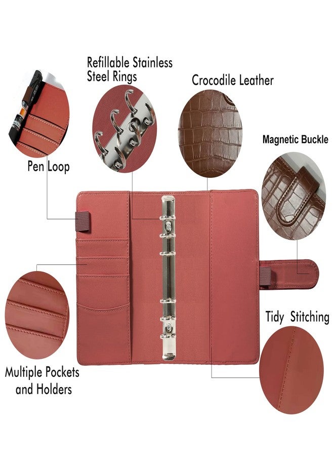 eleger A6 6 Ring Budget Binder - Crocodile Pattern Leather Notebook Binder, Small Refillable Planner Cover with Magnetic Buckle, Brown - Image 2