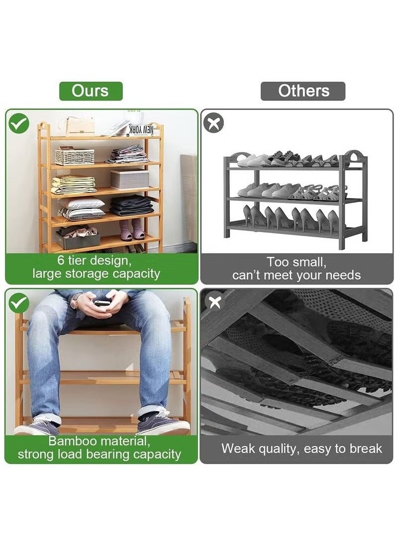 Beauenty Shoes Rack Stand 6 Tier: Bamboo Shoe Shelf Free Standing Large Shoe Storage Organizer Sturdy with Portable Handle Space Saving for Entryway Living Room Bedroom - Image 2