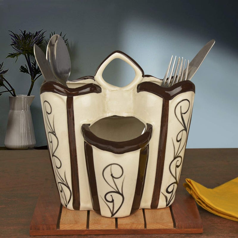 StyleMyWay Handpainted Ceramic Kitchen Cutlery Stand White and Brown Height 165 cm Pen Stand Spoon Holder Toothbrush Stand Organiser - Image 1